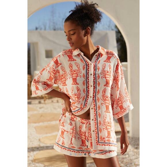 Anthropologie Tops - Anthropologie Lobster Print The Essentials Oversized Shirt Orange Size Small